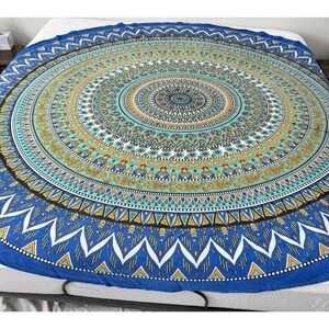 Indian Mandala Round Tablecloth 90" 100% Cotton Blue Boho Hippie India Festival